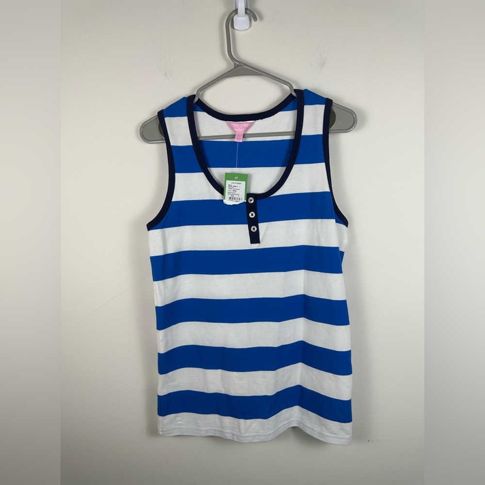 Lilly Pulitzer Hogan Tank Women L Blue White NWT Striped Henley Pima Cotton